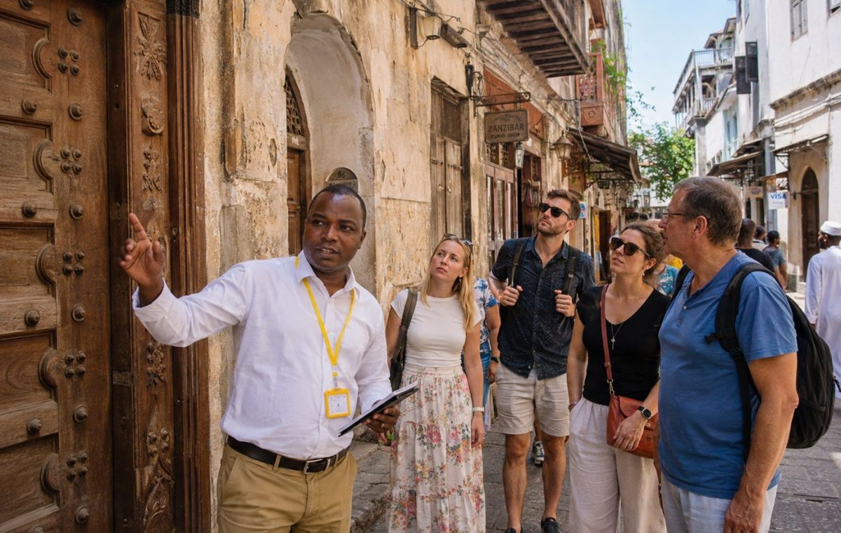 Tourists walking through a busy Stone Town street in Zanzibar