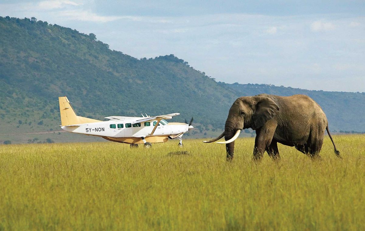 Light aircraft landing near Saadani National Park on a fly-in safari from Zanzibar