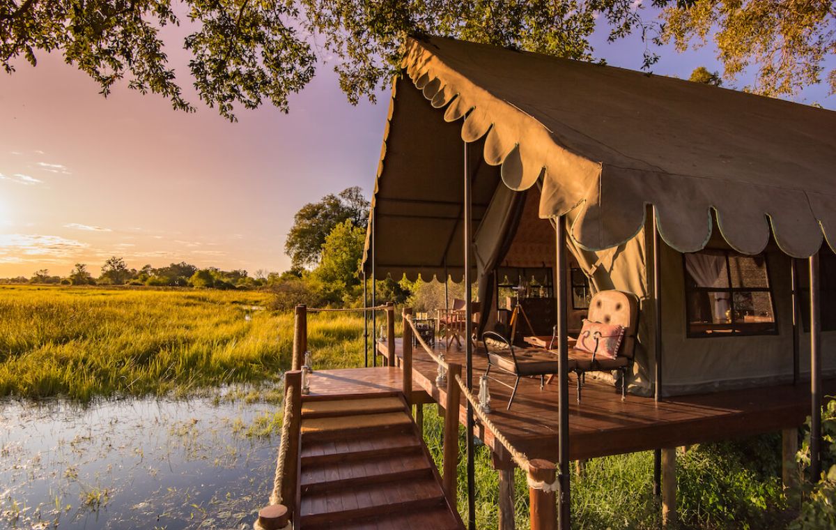 Luxury tented safari camp beside a river in southern Tanzania