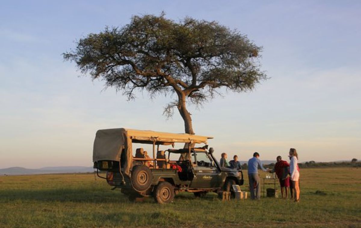 Safari vehicle on a game drive in Nyerere National Park at sunset